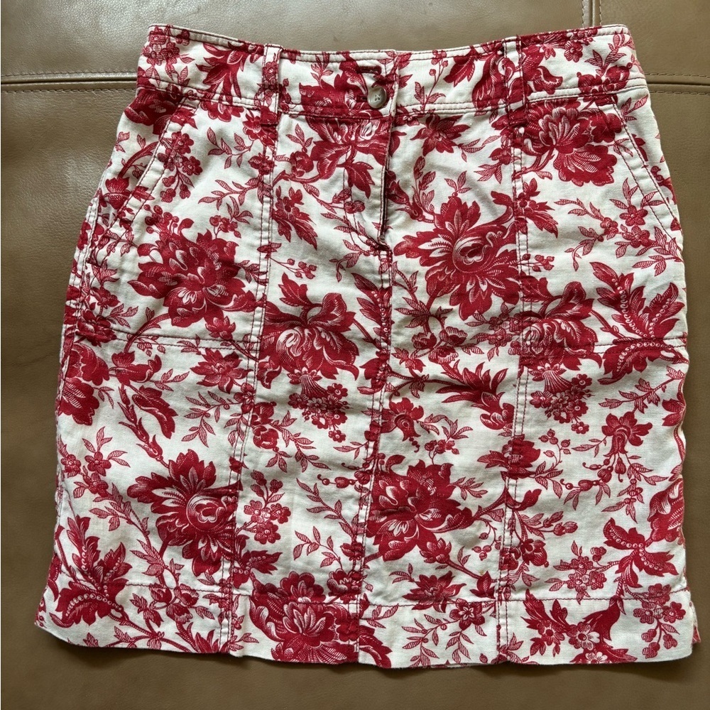 Ann Taylor Red Floral on White linen skirt